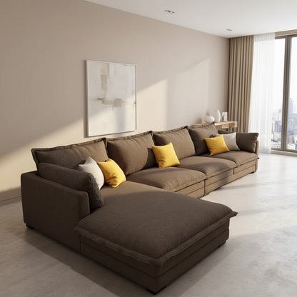 Sofa L Shape - Natural Wood - Linen Fabric - Brown - 300x180x85 cm