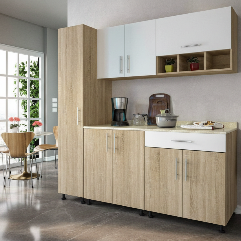 Kitchen Storage Unit - 3 Pieces - MDF Wood -  Beige & White
