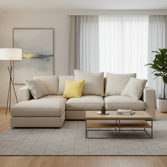 Modern living room with a beige sectional sofa, wooden coffee table, and decorative elements.