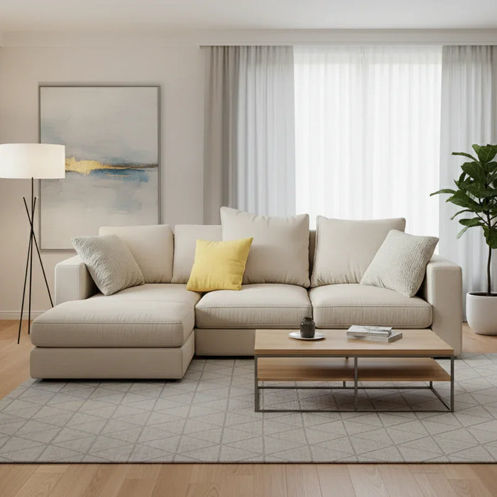 Sofa L Shape - Beech Wood - Linen Fabric - Beige - 240x180x90 cm - Cataloug