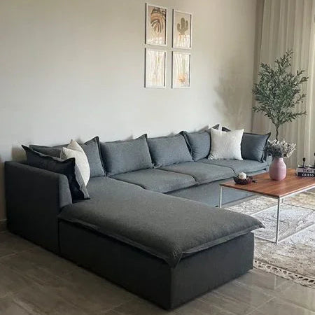 Sofa L Shape - Beech Wood - Linen Fabric - Grey - 300x200x85x75 cm - Cataloug