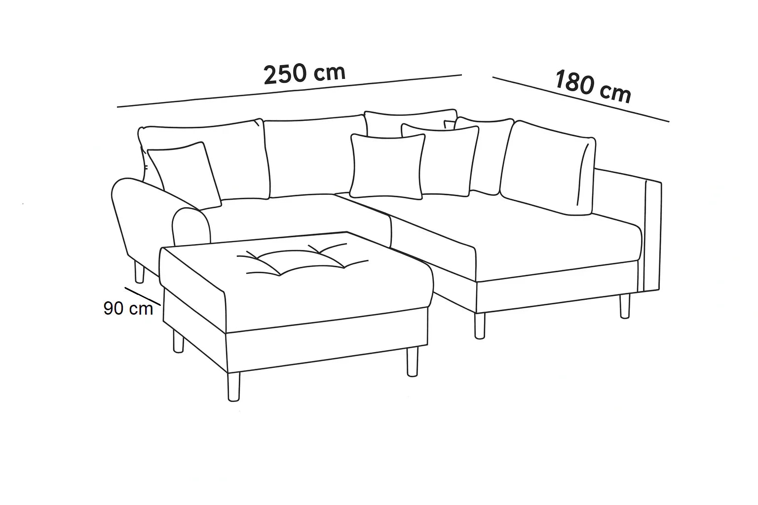 Sofa L Shape & Pouf - Beech Wood - Linen Fabric - Blue - 250x180x90 cm 90x90 cm - Cataloug
