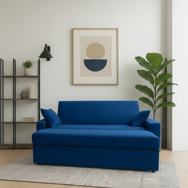 Sofa Bed - Natural Wood - Linen Fabric - Blue - 200x90 cm