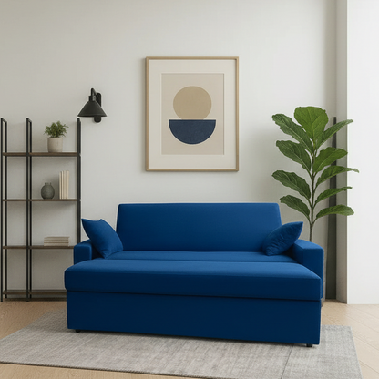 Sofa Bed - Natural Wood - Linen Fabric - Blue - 200x90 cm