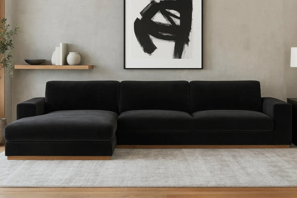 Sofa L Shape - Beech Wood - Velvet Fabric - Black - 280x180 cm - Cataloug