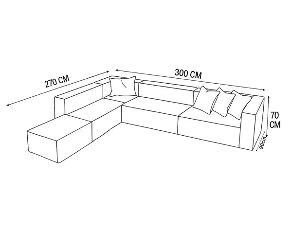 Sofa L Shape & 2 Pouf - Beech Wood - Linen Fabric - Beige - 300x270x90x70 cm - Cataloug