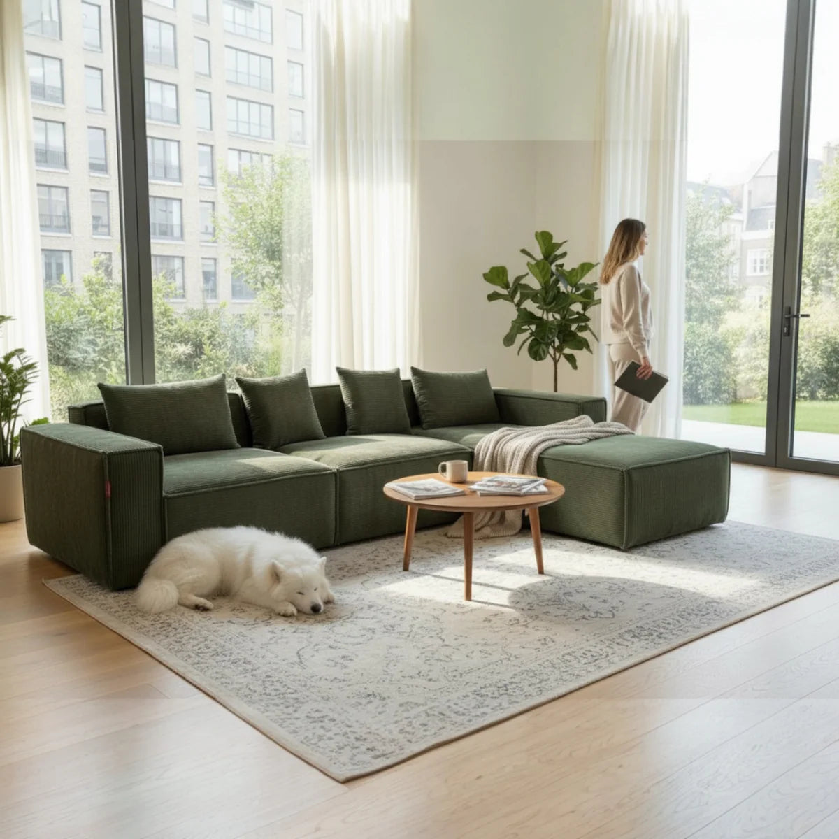 Sofa L Shape - Natural Wood - Linen - Green - 300 x 200 x 90 x 65 cm