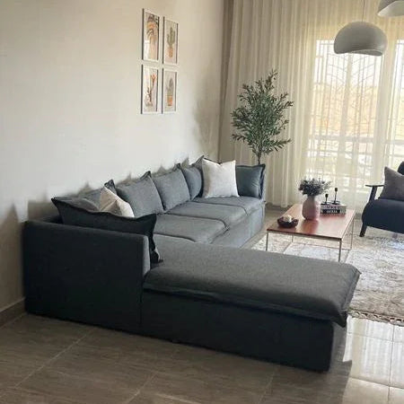 Sofa L Shape - Beech Wood - Linen Fabric - Grey - 300x200x85x75 cm - Cataloug