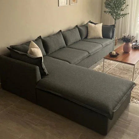 Sofa L Shape - Beech Wood - Linen Fabric - Grey - 300x200x85x75 cm - Cataloug