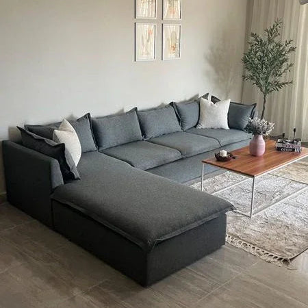 Sofa L Shape - Beech Wood - Linen Fabric - Grey - 300x200x85x75 cm - Cataloug