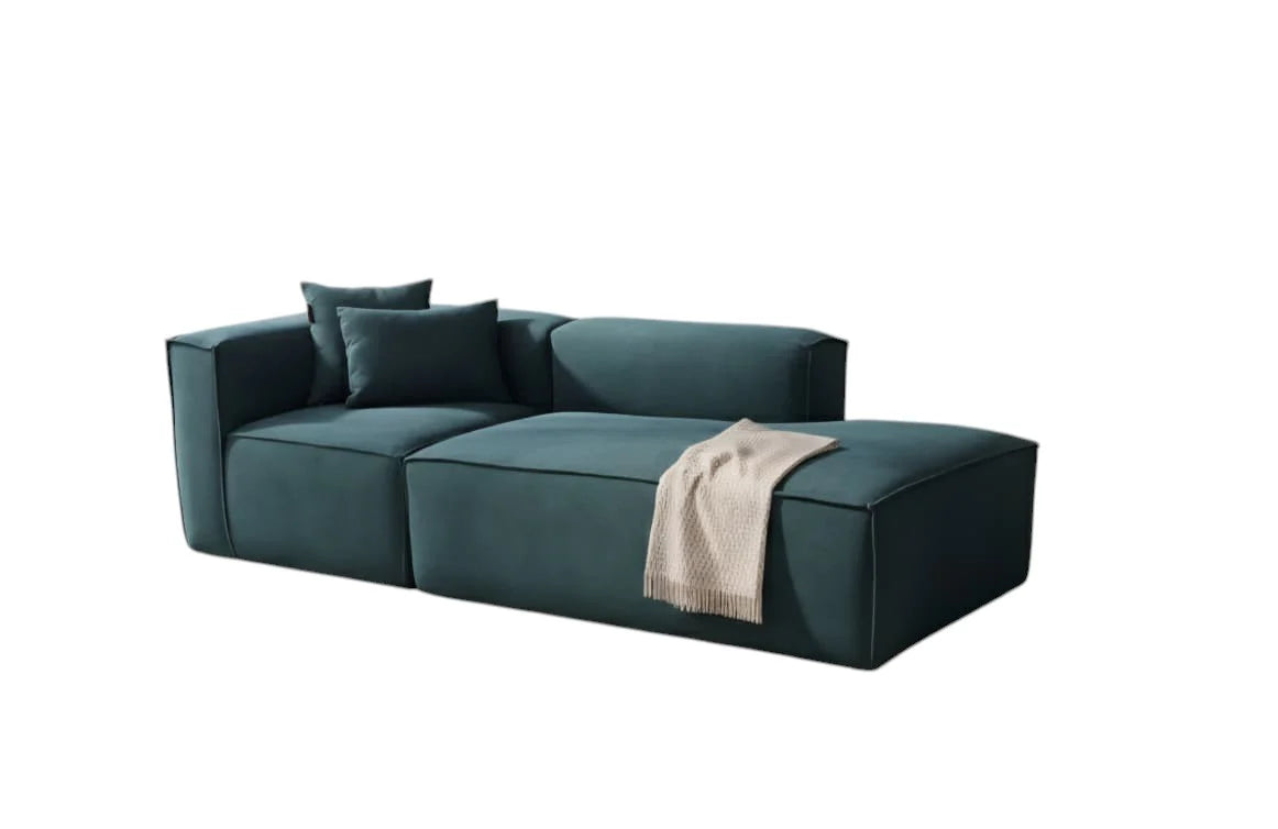 Sofa - Natural Wood - Linen - Petrol Blue - 231 x 89 x 67 cm